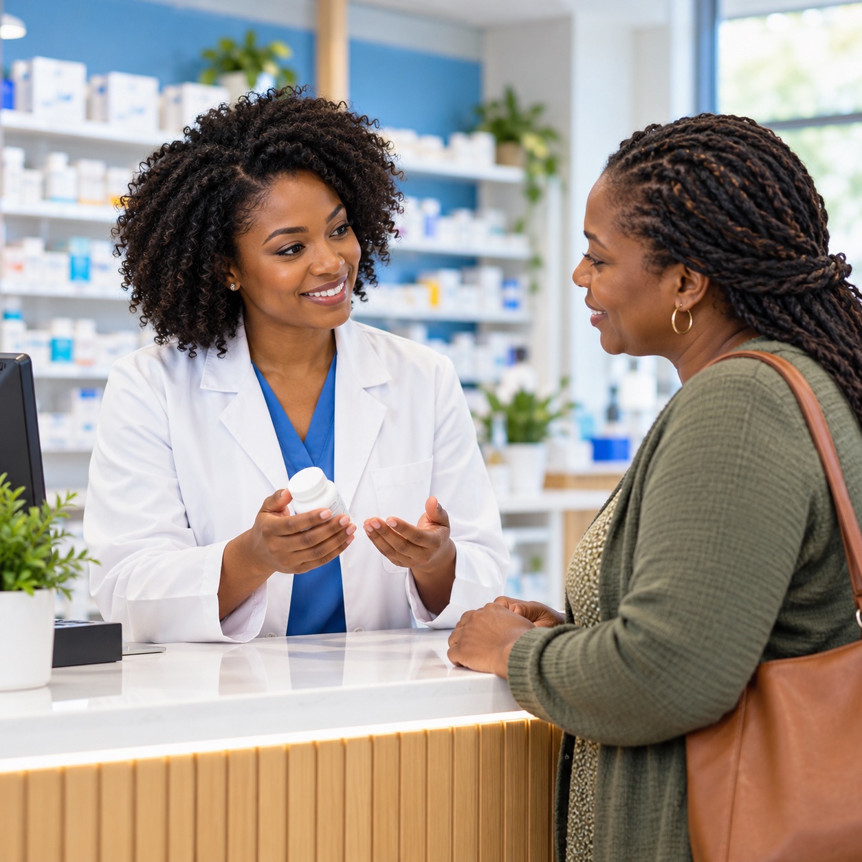 A Black pharmacist speaking with a customer at a pharmacy counter